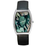 Green Nature Bohemian Painting Leaves Foliage Barrel Style Metal Watch