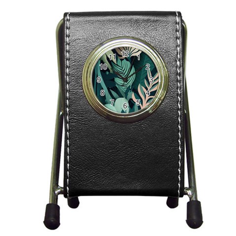 Green Nature Bohemian Painting Leaves Foliage Pen Holder Desk Clock from ArtsNow.com Front