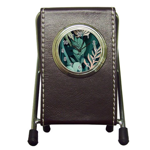 Green Nature Bohemian Painting Leaves Foliage Pen Holder Desk Clock from ArtsNow.com Front