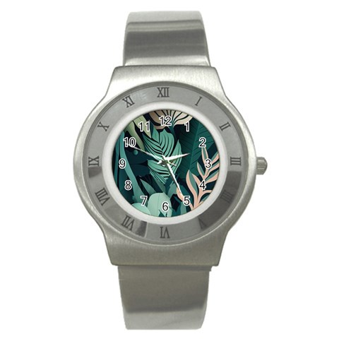 Green Nature Bohemian Painting Leaves Foliage Stainless Steel Watch from ArtsNow.com Front