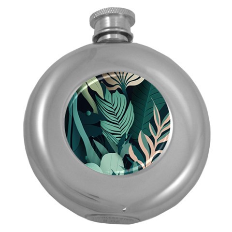 Green Nature Bohemian Painting Leaves Foliage Round Hip Flask (5 oz) from ArtsNow.com Front