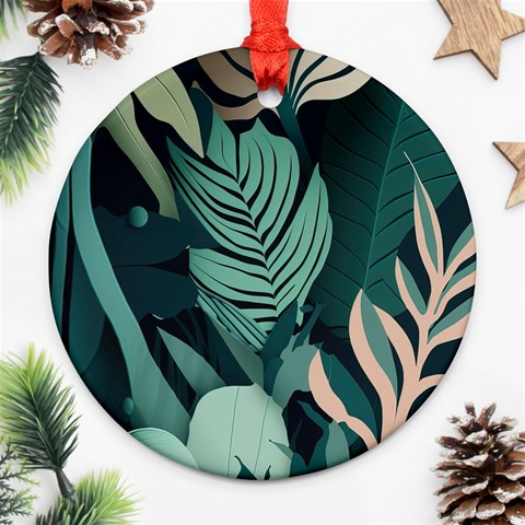 Green Nature Bohemian Painting Leaves Foliage Round Ornament (Two Sides) from ArtsNow.com Front