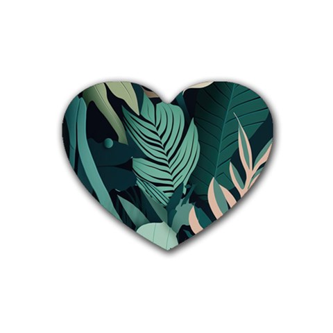 Green Nature Bohemian Painting Leaves Foliage Rubber Heart Coaster (4 pack) from ArtsNow.com Front