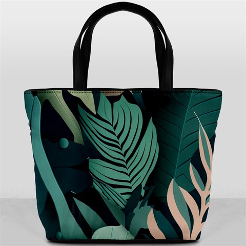 Green Nature Bohemian Painting Leaves Foliage Bucket Bag from ArtsNow.com Front