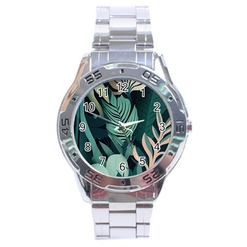 Green Nature Bohemian Painting Leaves Foliage Stainless Steel Analogue Watch from ArtsNow.com Front