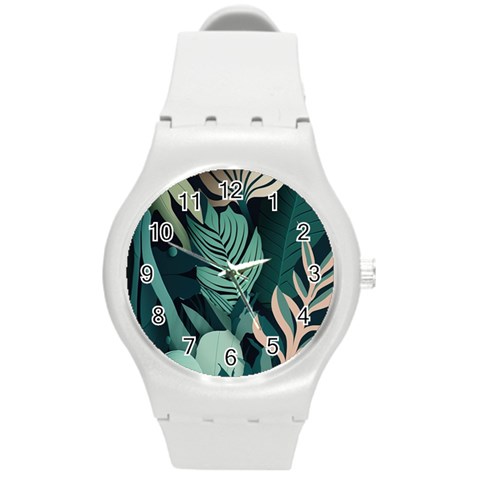 Green Nature Bohemian Painting Leaves Foliage Round Plastic Sport Watch (M) from ArtsNow.com Front
