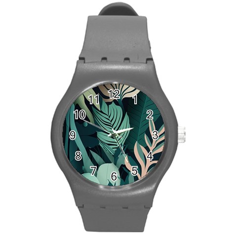 Green Nature Bohemian Painting Leaves Foliage Round Plastic Sport Watch (M) from ArtsNow.com Front