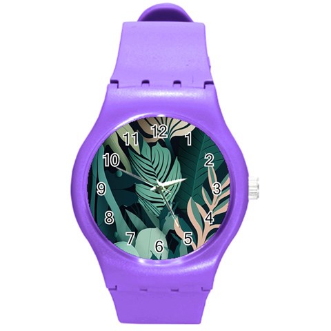 Green Nature Bohemian Painting Leaves Foliage Round Plastic Sport Watch (M) from ArtsNow.com Front