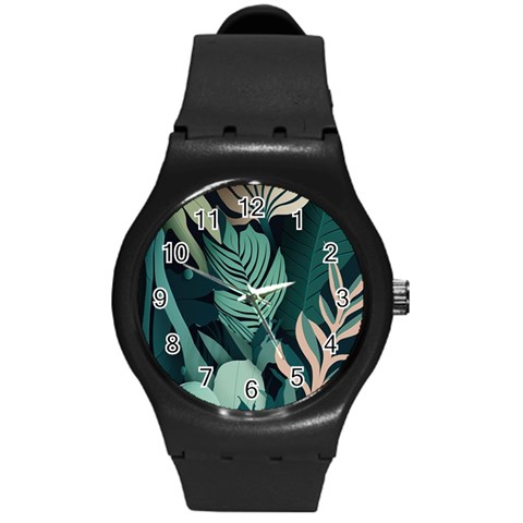 Green Nature Bohemian Painting Leaves Foliage Round Plastic Sport Watch (M) from ArtsNow.com Front
