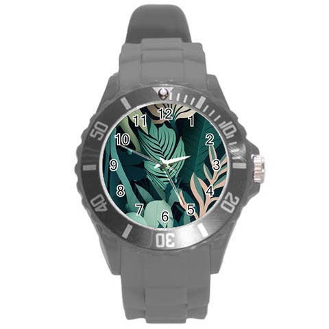 Green Nature Bohemian Painting Leaves Foliage Round Plastic Sport Watch (L) from ArtsNow.com Front