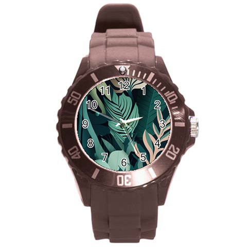 Green Nature Bohemian Painting Leaves Foliage Round Plastic Sport Watch (L) from ArtsNow.com Front