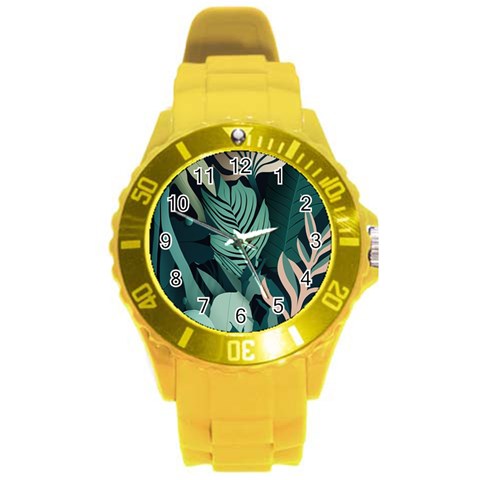 Green Nature Bohemian Painting Leaves Foliage Round Plastic Sport Watch (L) from ArtsNow.com Front