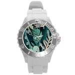 Green Nature Bohemian Painting Leaves Foliage Round Plastic Sport Watch (L)