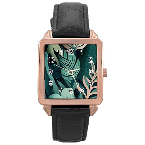 Green Nature Bohemian Painting Leaves Foliage Rose Gold Leather Watch  from ArtsNow.com Front
