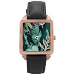 Green Nature Bohemian Painting Leaves Foliage Rose Gold Leather Watch 
