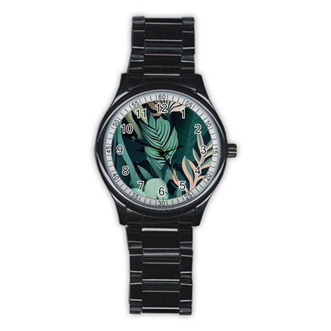Green Nature Bohemian Painting Leaves Foliage Stainless Steel Round Watch from ArtsNow.com Front
