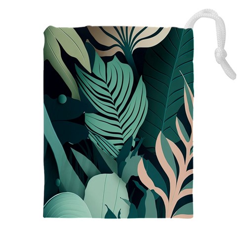 Green Nature Bohemian Painting Leaves Foliage Drawstring Pouch (4XL) from ArtsNow.com Front