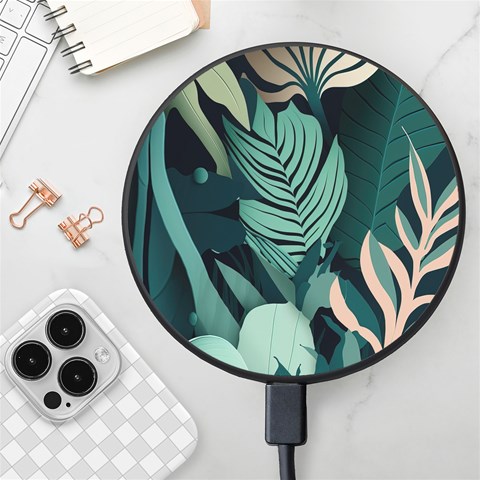 Green Nature Bohemian Painting Leaves Foliage Wireless Fast Charger(Black) from ArtsNow.com Front