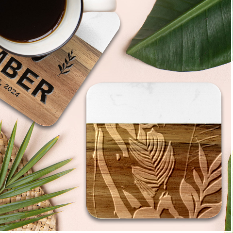 Green Nature Bohemian Painting Leaves Foliage Marble Wood Coaster (Square) from ArtsNow.com Front