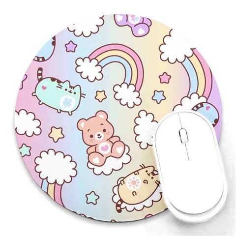 Pusheen Carebears Bears Cat Colorful Cute Pastel Pattern Round Mousepad from ArtsNow.com Front