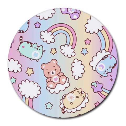 Pusheen Carebears Bears Cat Colorful Cute Pastel Pattern Round Mousepad from ArtsNow.com Front