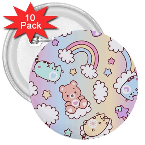 Pusheen Carebears Bears Cat Colorful Cute Pastel Pattern 3  Buttons (10 pack)  from ArtsNow.com Front