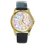 Pusheen Carebears Bears Cat Colorful Cute Pastel Pattern Round Gold Metal Watch