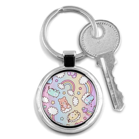 Pusheen Carebears Bears Cat Colorful Cute Pastel Pattern Key Chain (Round) from ArtsNow.com Front