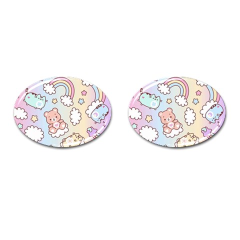 Pusheen Carebears Bears Cat Colorful Cute Pastel Pattern Cufflinks (Oval) from ArtsNow.com Front(Pair)