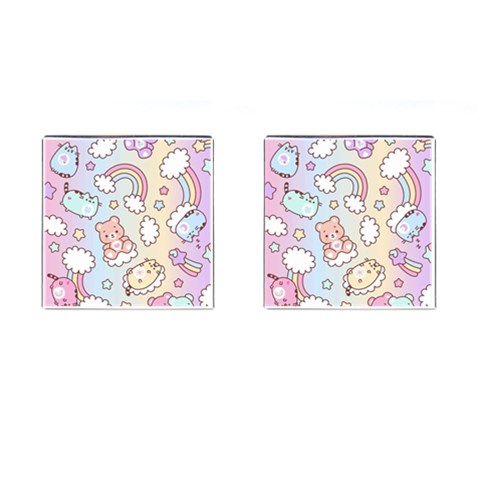 Pusheen Carebears Bears Cat Colorful Cute Pastel Pattern Cufflinks (Square) from ArtsNow.com Front(Pair)