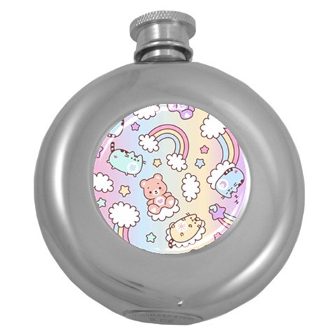 Pusheen Carebears Bears Cat Colorful Cute Pastel Pattern Round Hip Flask (5 oz) from ArtsNow.com Front