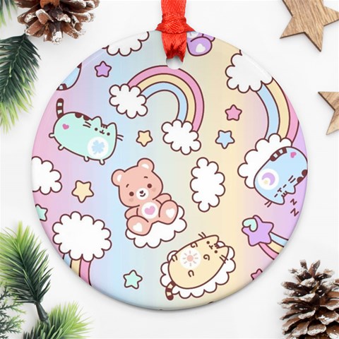 Pusheen Carebears Bears Cat Colorful Cute Pastel Pattern Round Ornament (Two Sides) from ArtsNow.com Front
