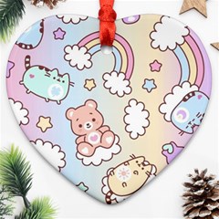 Pusheen Carebears Bears Cat Colorful Cute Pastel Pattern Heart Ornament (Two Sides) from ArtsNow.com Back