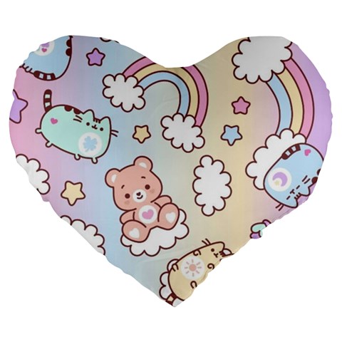 Pusheen Carebears Bears Cat Colorful Cute Pastel Pattern Large 19  Premium Heart Shape Cushions from ArtsNow.com Front
