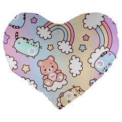 Pusheen Carebears Bears Cat Colorful Cute Pastel Pattern Large 19  Premium Heart Shape Cushions from ArtsNow.com Back