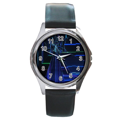 Screen Glitch Broken  Crack  Fracture  Glass Pattern Round Metal Watch from ArtsNow.com Front
