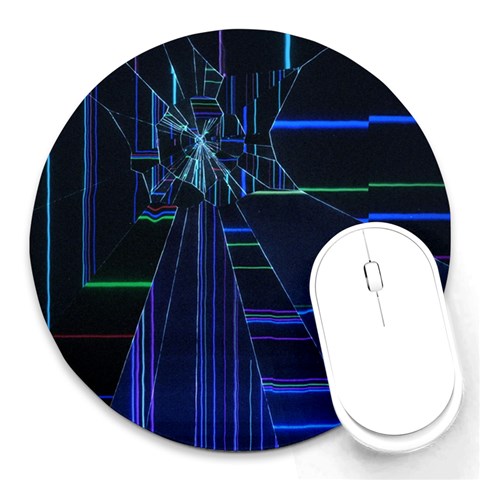 Screen Glitch Broken  Crack  Fracture  Glass Pattern Round Mousepad from ArtsNow.com Front