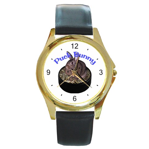 Puck Bunny 1 Round Gold Metal Watch from ArtsNow.com Front