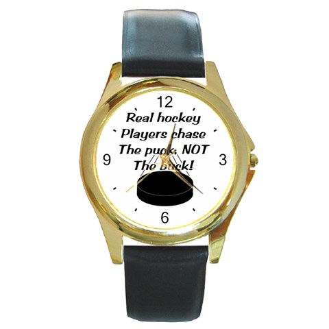 Chase The Puck Round Gold Metal Watch from ArtsNow.com Front