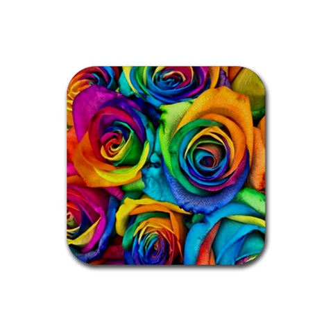 Colorful Roses Bouquet Rainbow Rubber Coaster (Square) from ArtsNow.com Front