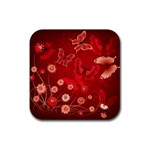 Four Red Butterflies With Flower Illustration Butterfly Flowers Rubber Coaster (Square)