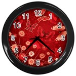 Four Red Butterflies With Flower Illustration Butterfly Flowers Wall Clock (Black)