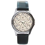 White And Brown Floral Wallpaper Flowers Background Pattern Round Metal Watch