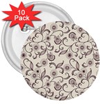 White And Brown Floral Wallpaper Flowers Background Pattern 3  Buttons (10 pack) 