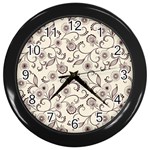 White And Brown Floral Wallpaper Flowers Background Pattern Wall Clock (Black)