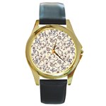 White And Brown Floral Wallpaper Flowers Background Pattern Round Gold Metal Watch