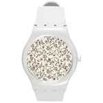 White And Brown Floral Wallpaper Flowers Background Pattern Round Plastic Sport Watch (M)