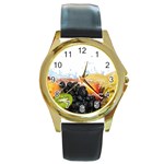 Variety Of Fruit Water Berry Food Splash Kiwi Grape Round Gold Metal Watch