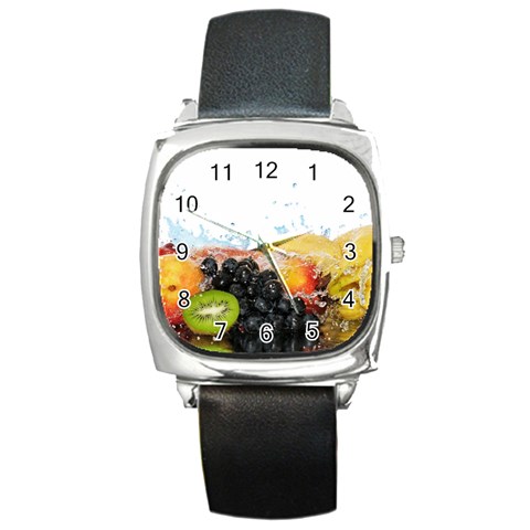 Variety Of Fruit Water Berry Food Splash Kiwi Grape Square Metal Watch from ArtsNow.com Front