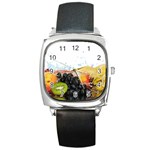 Variety Of Fruit Water Berry Food Splash Kiwi Grape Square Metal Watch